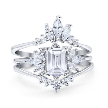 Three Piece Bridal Set Ring Round Simulated Cubic Zirconia 925 Sterling Silver